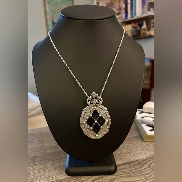 ITALIAN MWS 925 STERLING SILVER ONYX  MIRROR PENDANT NECKLACE ITALY PURCHASE